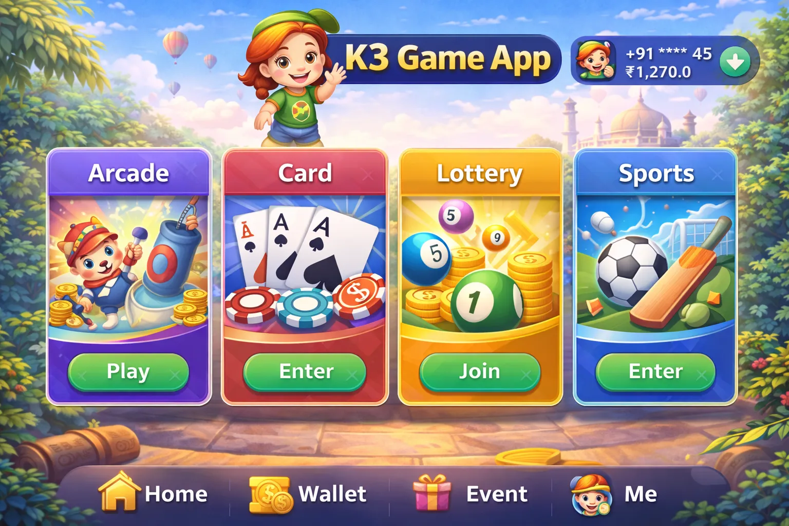 K3 Game App game selection screen example