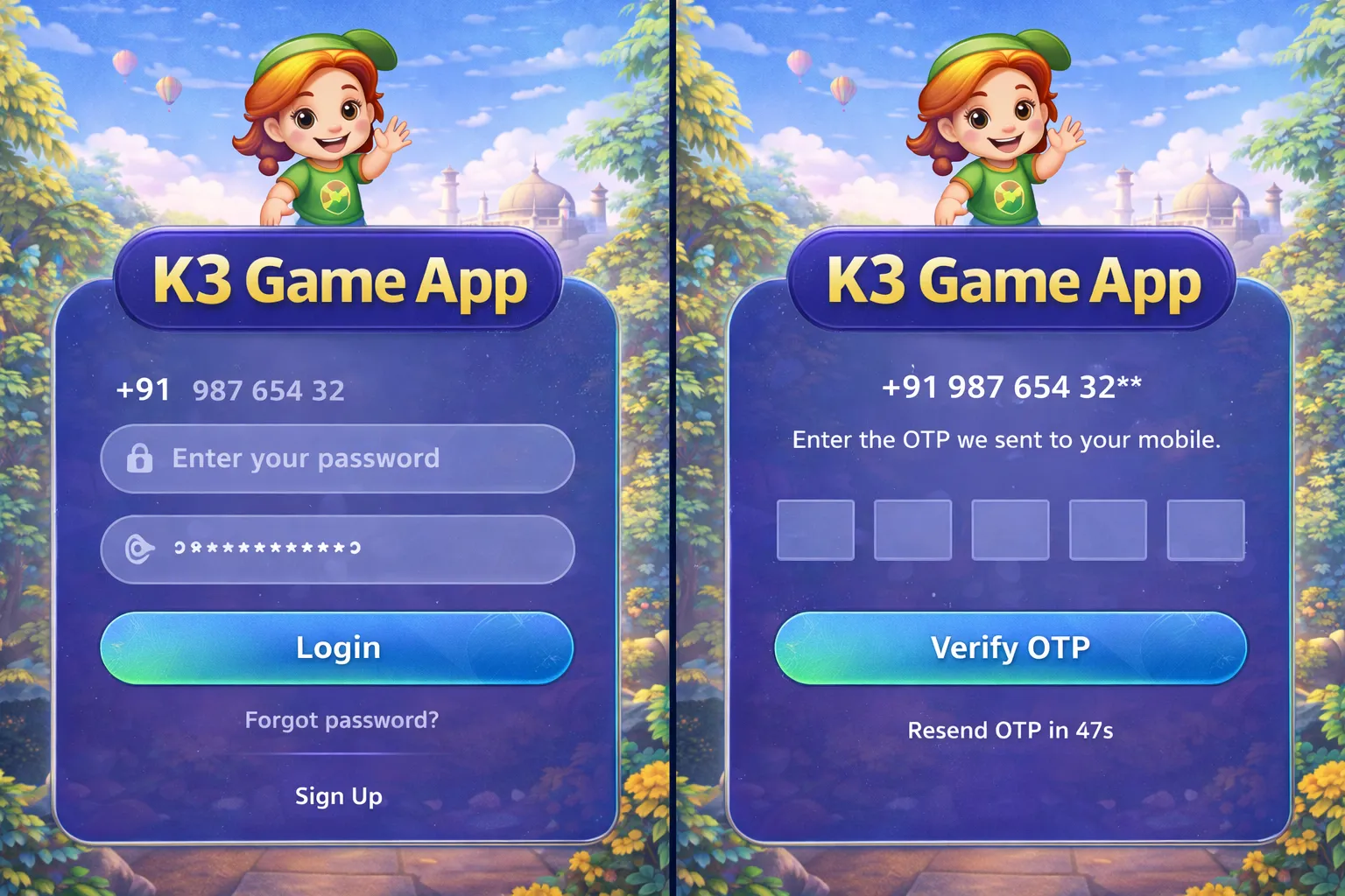 K3 Game App login and OTP screen example